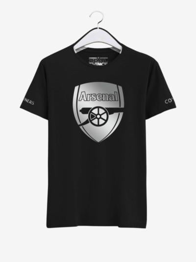 Arsenal Silver Crest Black Round Neck T Shirt Front